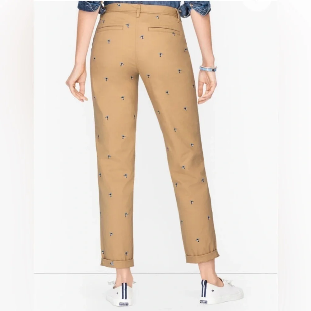 NWT- Talbots Tan Chino Pants with hummingbird Embroidered Detail